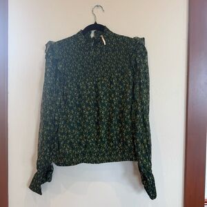 Free People Roma Forest Combo Peasant Blouse Green Floral Top Size Large